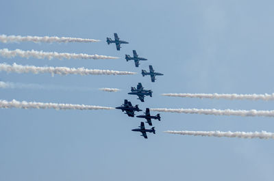 Low angle view of airshow against clear sky