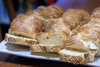 Close-up of food in plate on table.