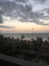 High angle view of beach against sky during sunset