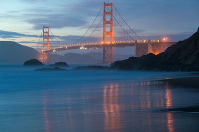 View of suspension bridge over sea against sky