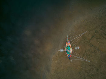 Fish boat at beach in morning time from top view