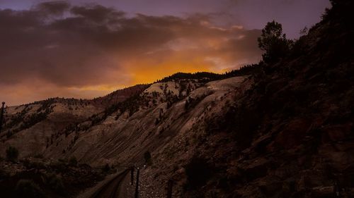 Scenic view of mountains against sky at sunset