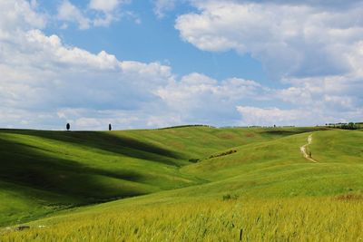 Scenic view of farm against sky