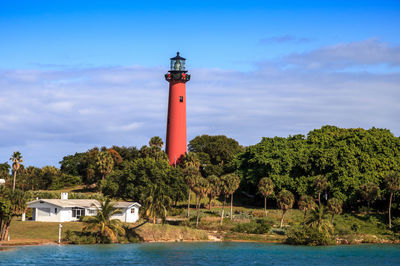 Lighthouse amidst trees and buildings against sky