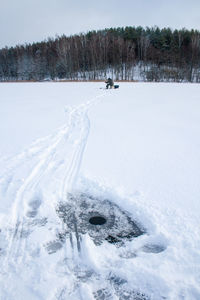 Fishing on a frozen lake in winter, hole