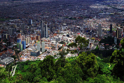 High angle view of modern buildings in city