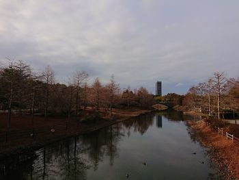 Reflection of trees in lake against sky