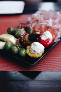 Close-up of served food in plate