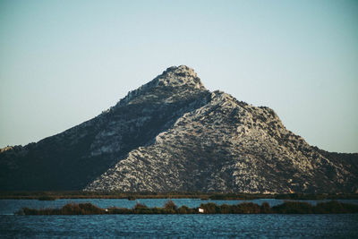 Scenic view of mountain by sea against clear sky