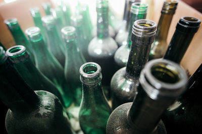 High angle view of bottles