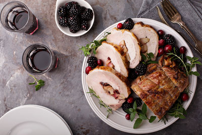 High angle view of food in plate on table