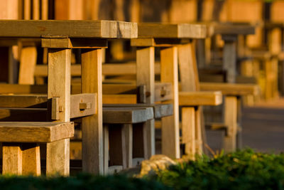 Wooden benches arranged
