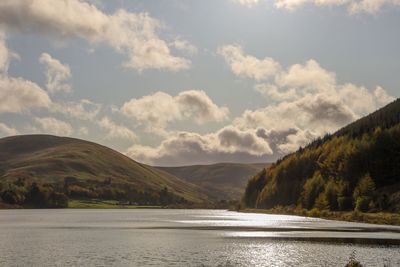 Scenic view of lake by mountains against sky