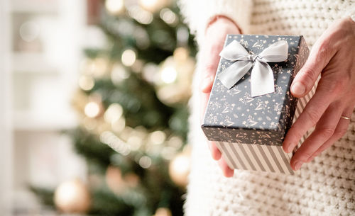 Midsection of man holding christmas tree in box