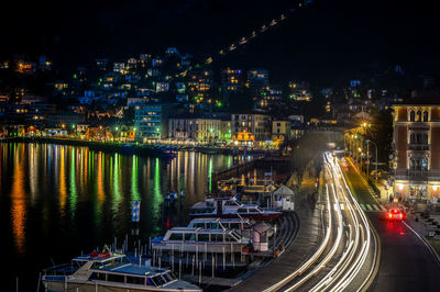 High angle view of light trails on road at night