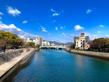 Bridge over river by buildings against blue sky