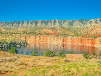 Scenic view of lake against clear blue sky