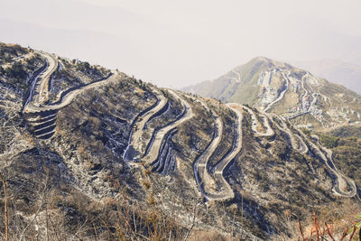 Silk route with  in  lower himalayas ieast sikkim, zuluk  landscape against clear sky.