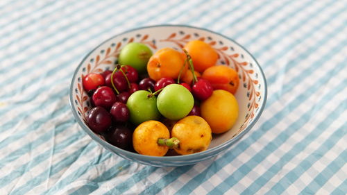 High angle view of fruits in bowl on table