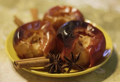 Close-up of boiled apples in plate