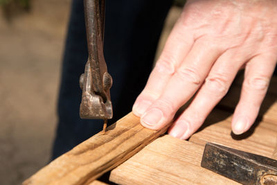 Cropped hand of carpenter removing rusty nail from wood