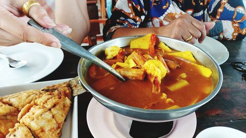 High angle view of meal served on table