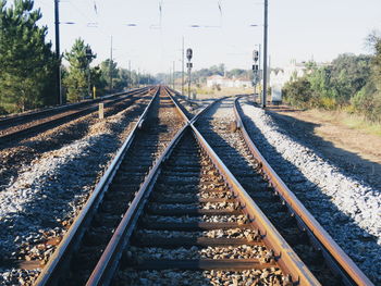 Railroad tracks against clear sky