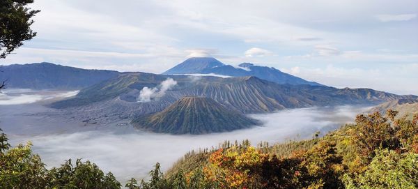 Panoramic view of volcanic landscape against sky