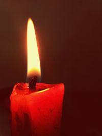 Close-up of lit candle in darkroom