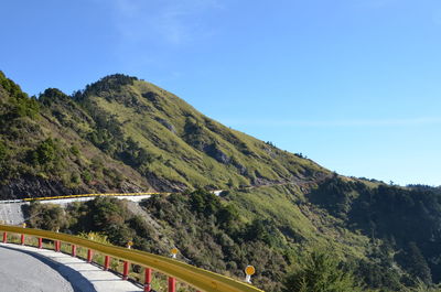 Scenic view of mountains against clear blue sky