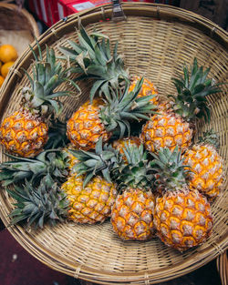 High angle view of pineapples for sale in market