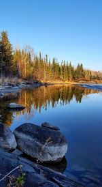 Scenic view of lake against clear blue sky