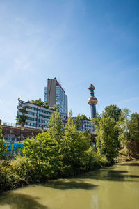 Plants by river against buildings in city against sky