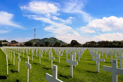 Row of cemetery against sky