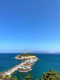 High angle view of sea against clear blue sky