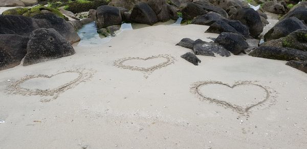 High angle view of heart shape on rock at beach