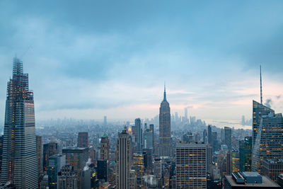 New york skyline from the top of the rock with clouds in sky