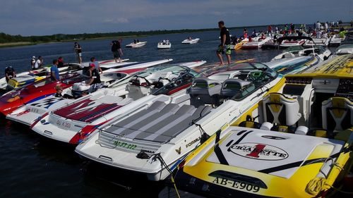 High angle view of people on boats