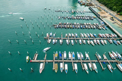 High angle view of sailboats moored in sea , marine station  , pattaya city  chonburi   thailand