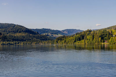 Scenic view of lake by trees against sky