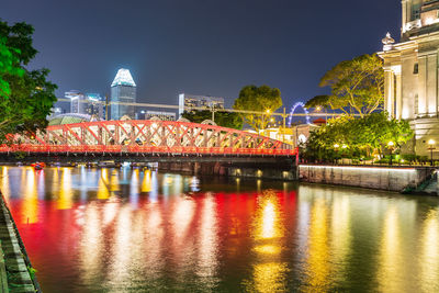 Illuminated bridge over river in city at night