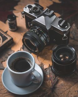 High angle view of coffee cup on table