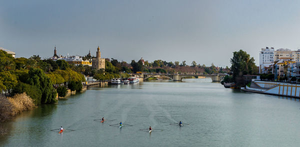 High angle view of river along buildings
