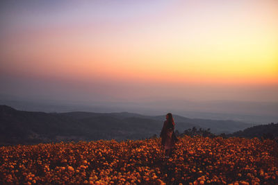 Woman standing by flowering plants against orange sky