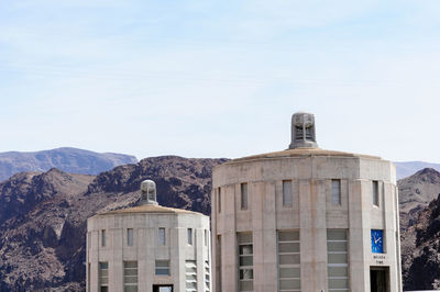 View of the pen stock towers over lake mead at hoover dam, between arizona and nevada states, usa.