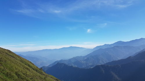 Scenic view of mountains against blue sky