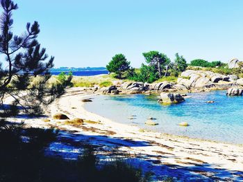 Scenic view of beach against clear blue sky