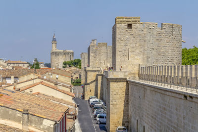 High angle view of buildings against sky