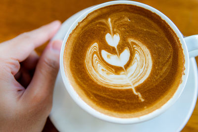 Close-up of hand holding cappuccino