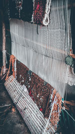 High angle view of clothes drying on wood